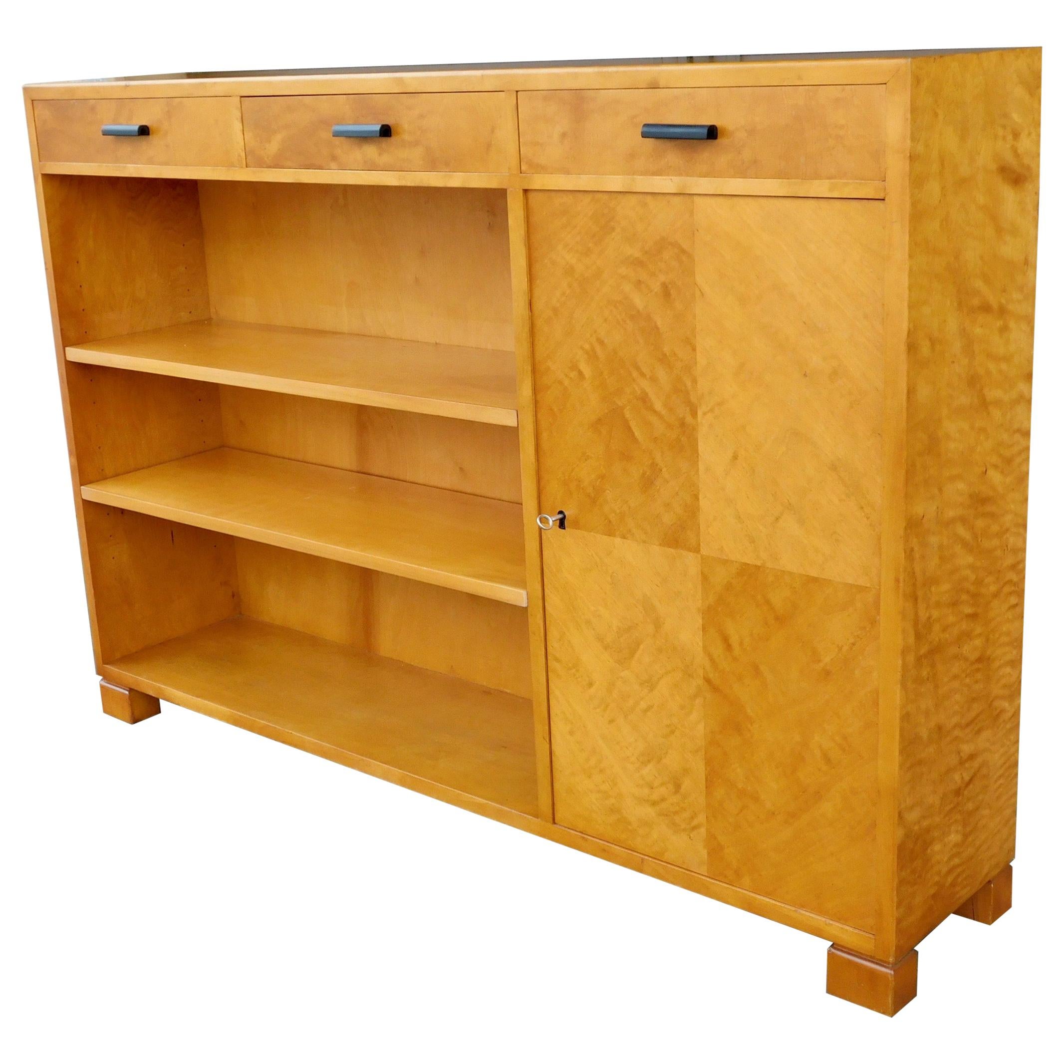 Swedish Art Deco Book Cabinet in Book Matched Golden Flame Birch, circa 1930 For Sale