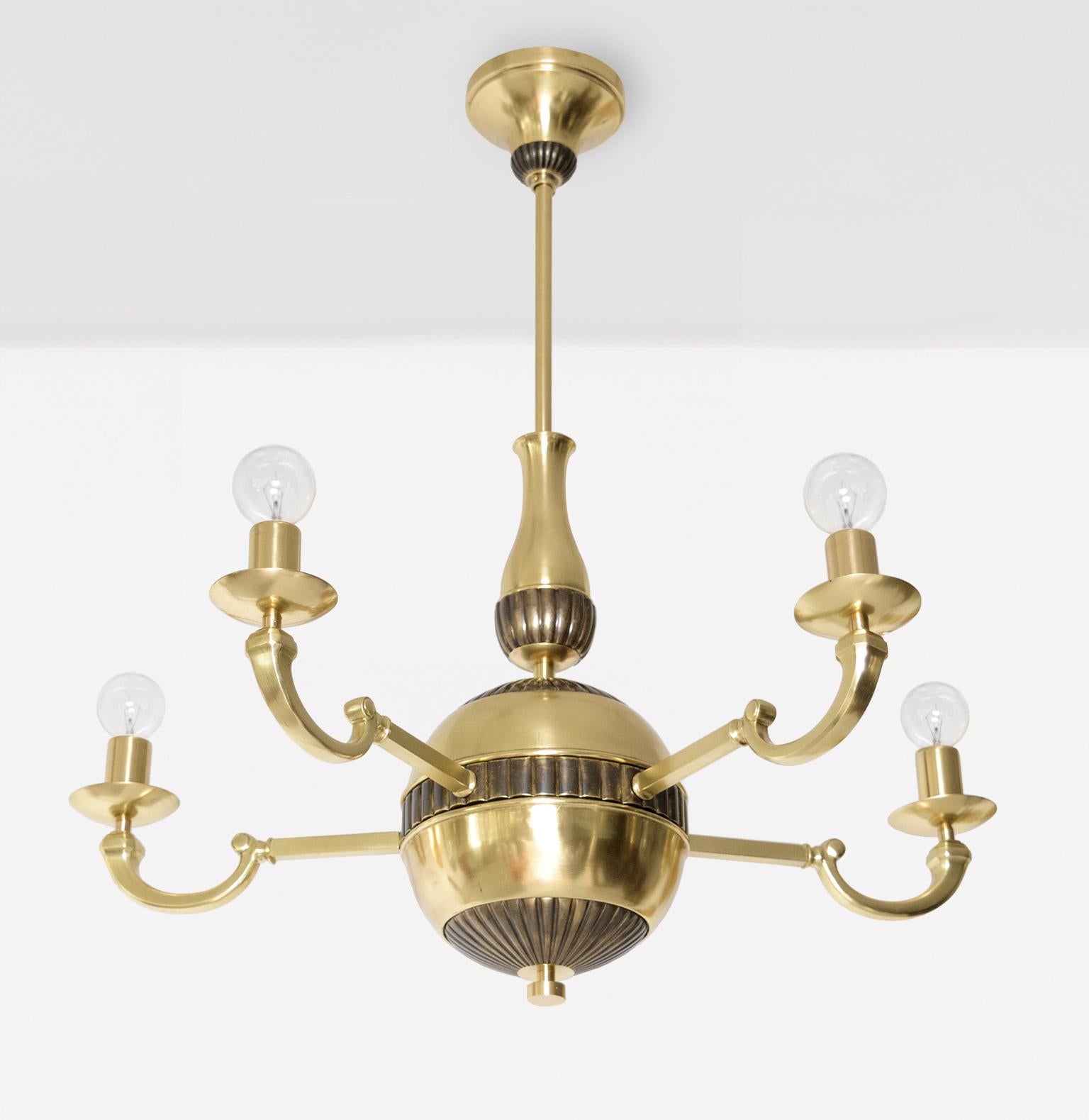 Scandinavian Swedish Art Deco Brass 5-arm Chandelier with patinated details  For Sale