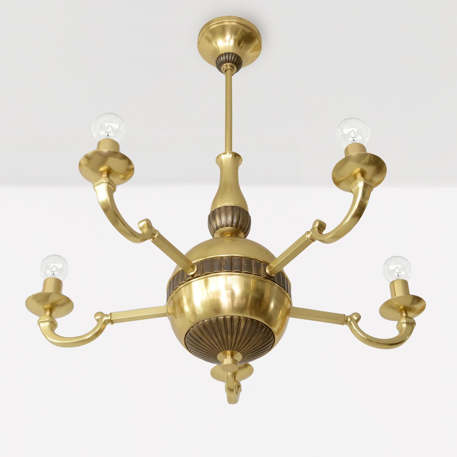 Patinated Swedish Art Deco Brass 5-arm Chandelier with patinated details  For Sale