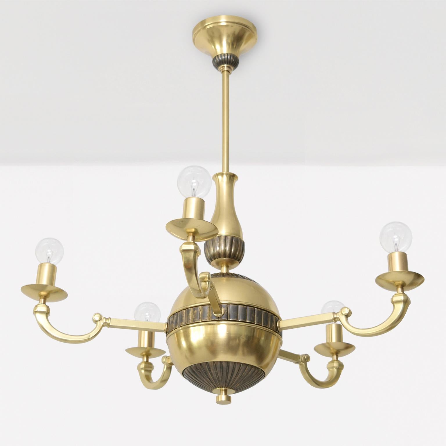 Mid-20th Century Swedish Art Deco Brass 5-arm Chandelier with patinated details  For Sale