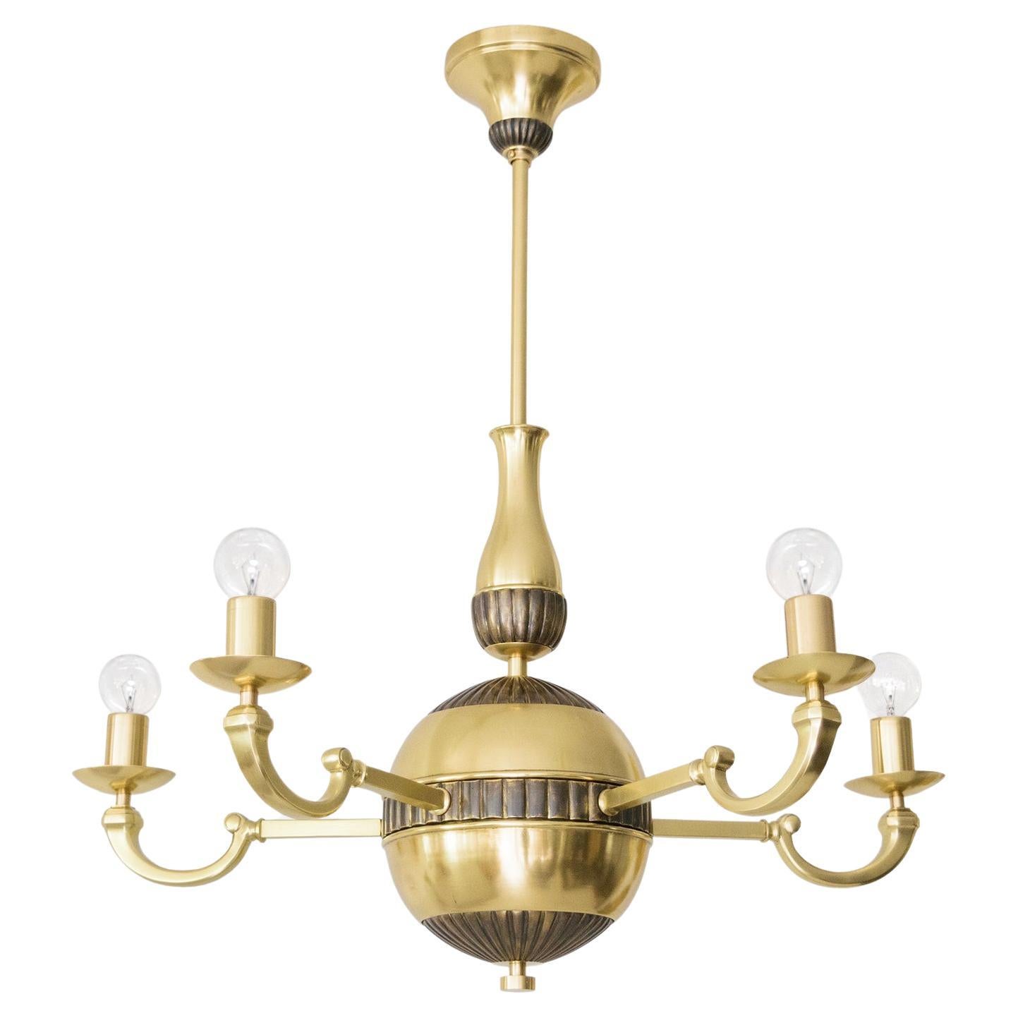 Swedish Art Deco Brass 5-arm Chandelier with patinated details  For Sale