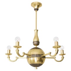 Vintage Swedish Art Deco Brass 5-arm Chandelier with patinated details 