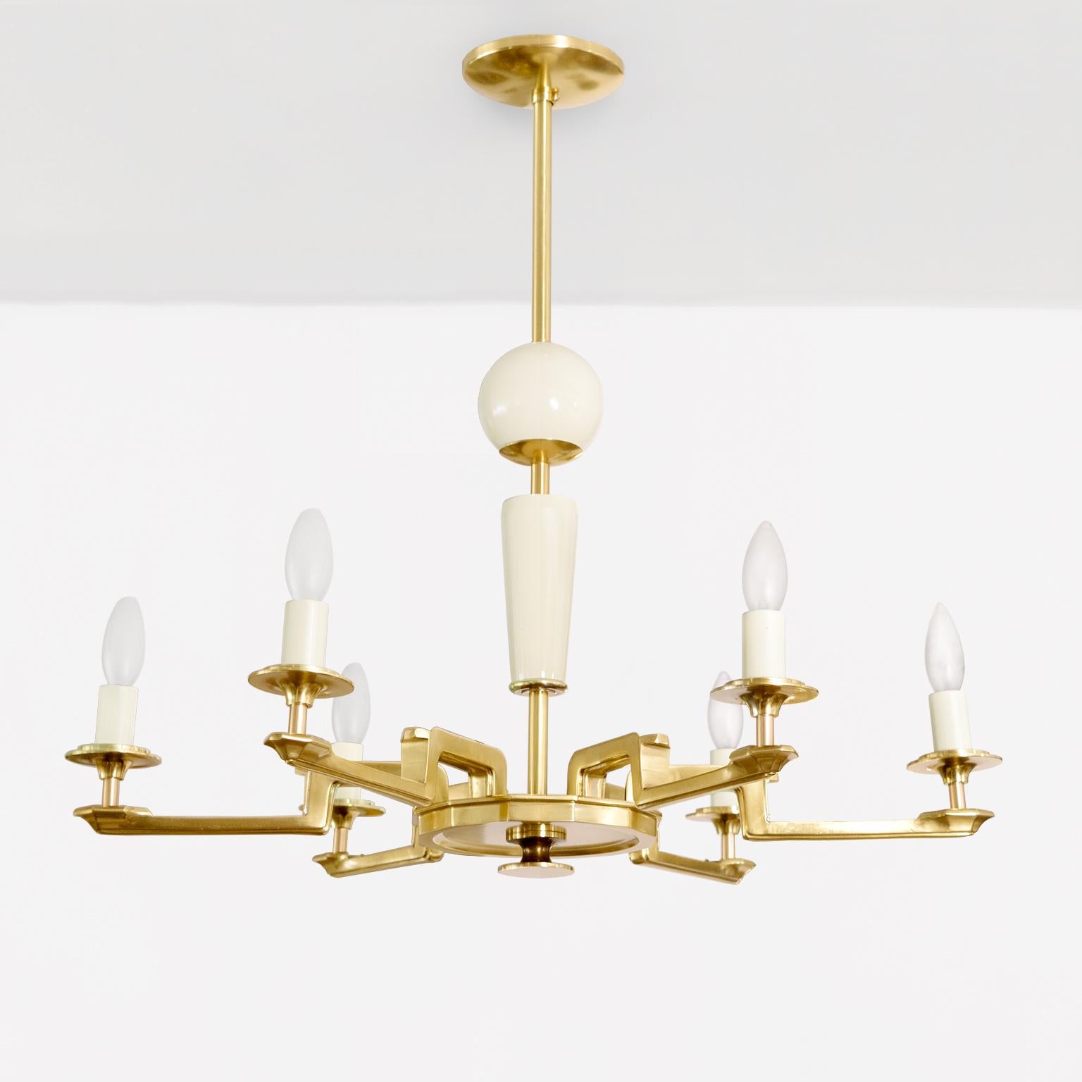 Scandinavian Swedish Art Deco Brass and Wood 6-arm chandelier.  For Sale