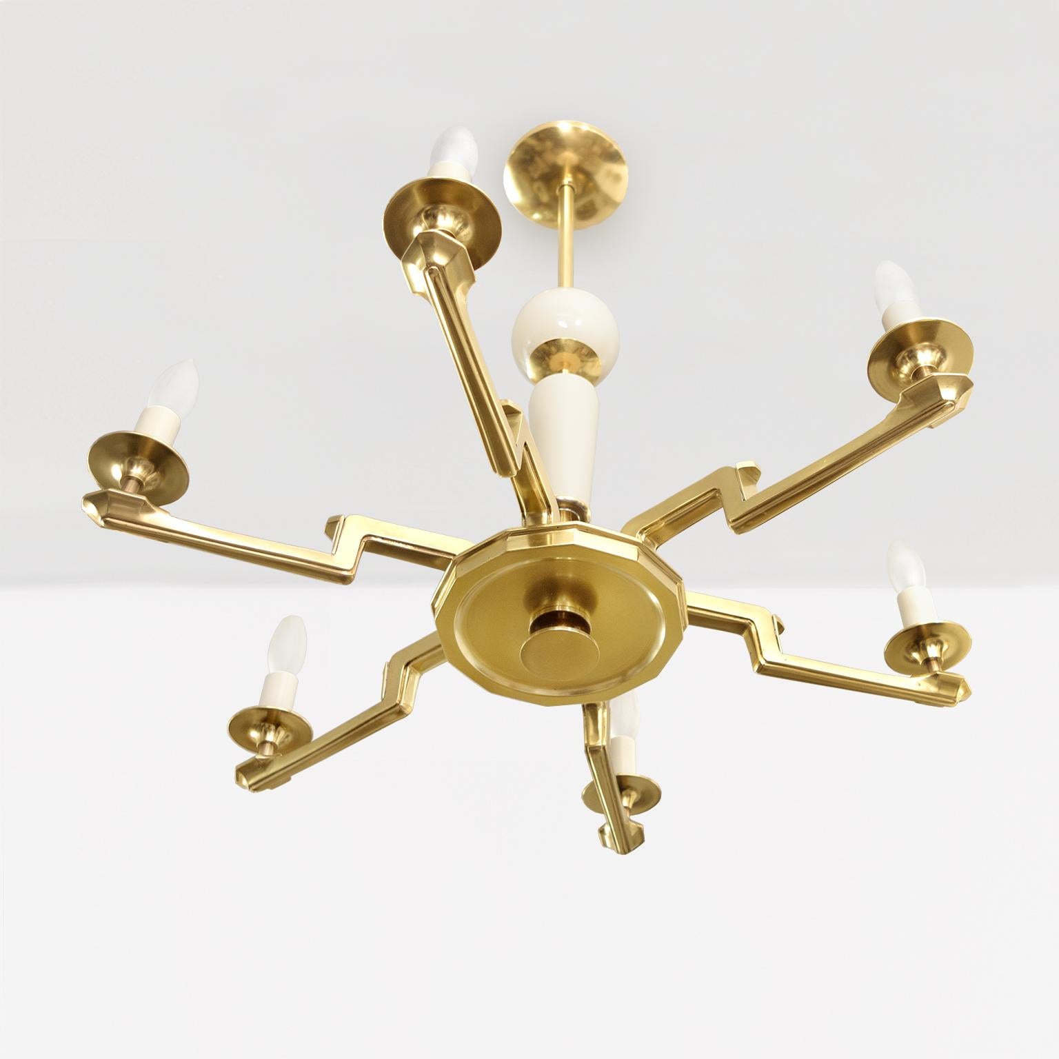 Lacquered Swedish Art Deco Brass and Wood 6-arm chandelier.  For Sale