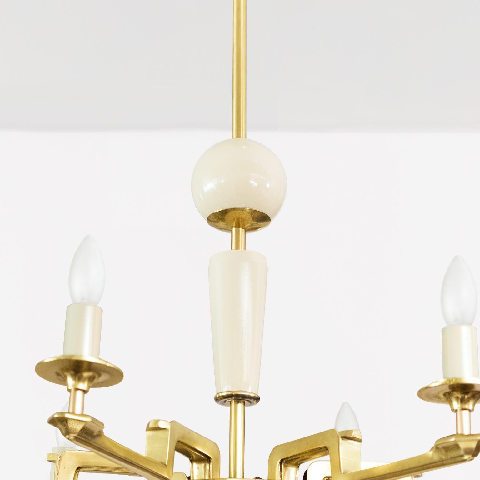 Mid-20th Century Swedish Art Deco Brass and Wood 6-arm chandelier.  For Sale