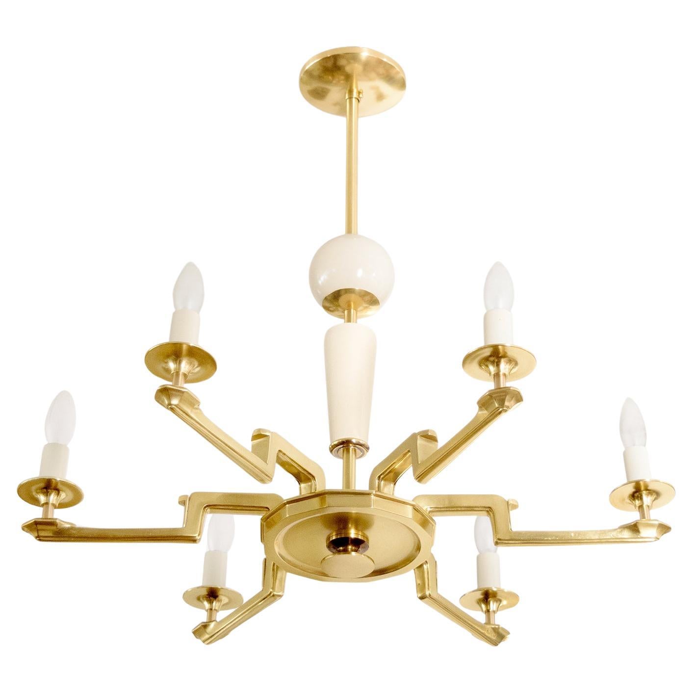 Swedish Art Deco Brass and Wood 6-arm chandelier.  For Sale