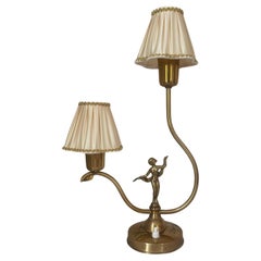 Swedish Art Deco Brass Table Lamp with Figural Base and Silk Shades, 1930s