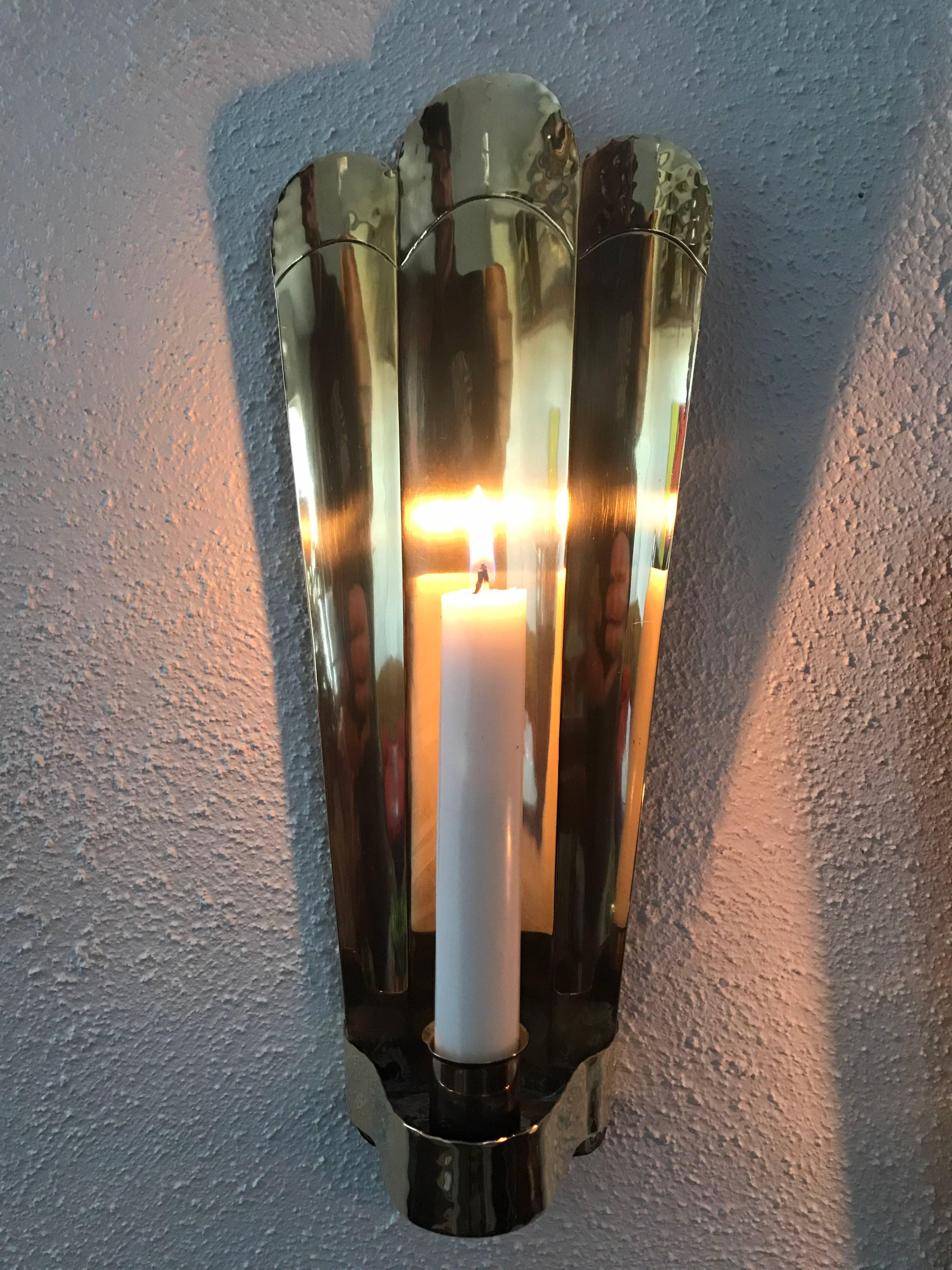 Polished Swedish Art Deco Brass Wall Sconces or Wall Candleholders by C & N Svängsta    For Sale