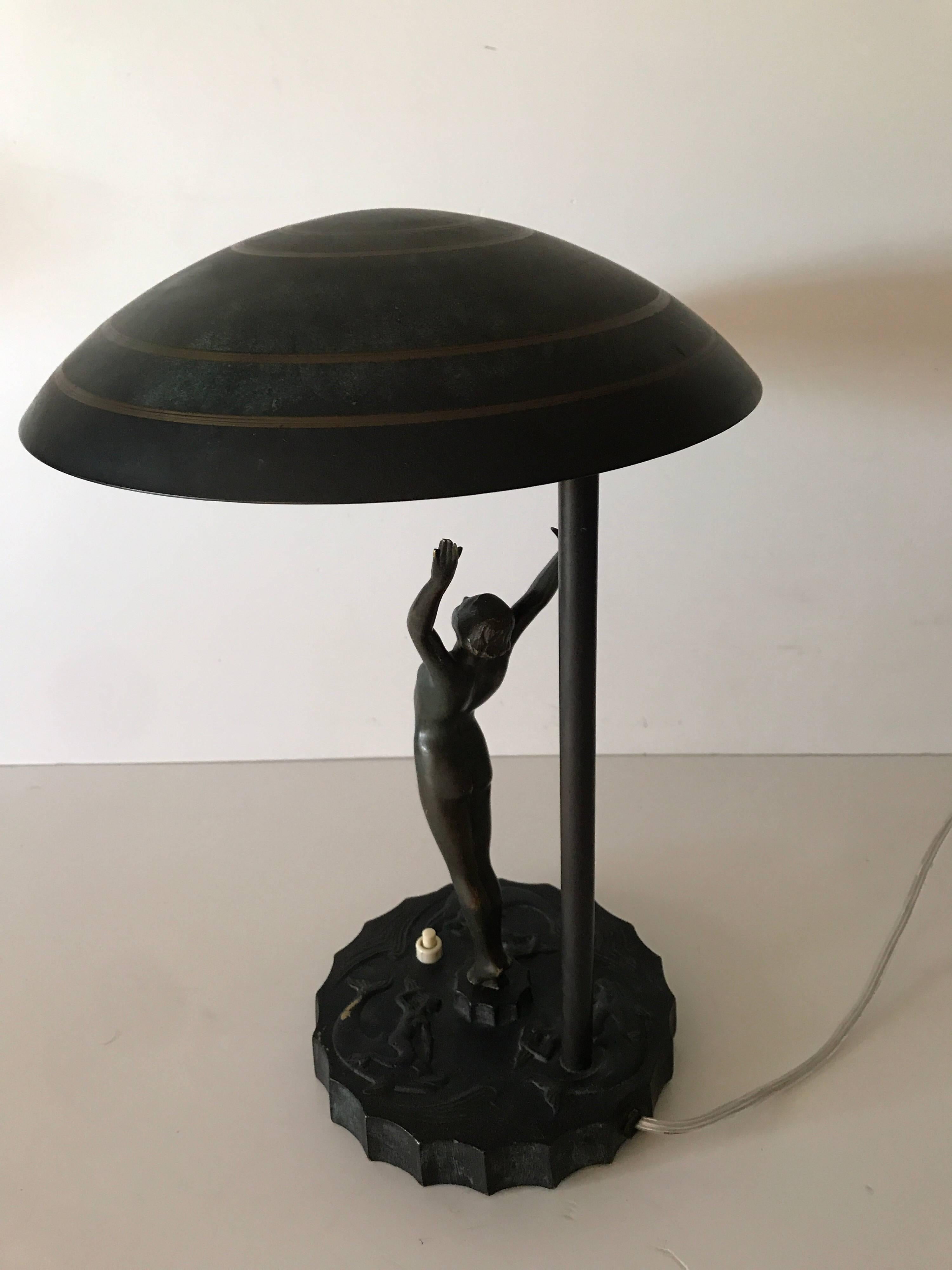 Brass Swedish Art Deco Bronze and Steel Table Lamp  For Sale