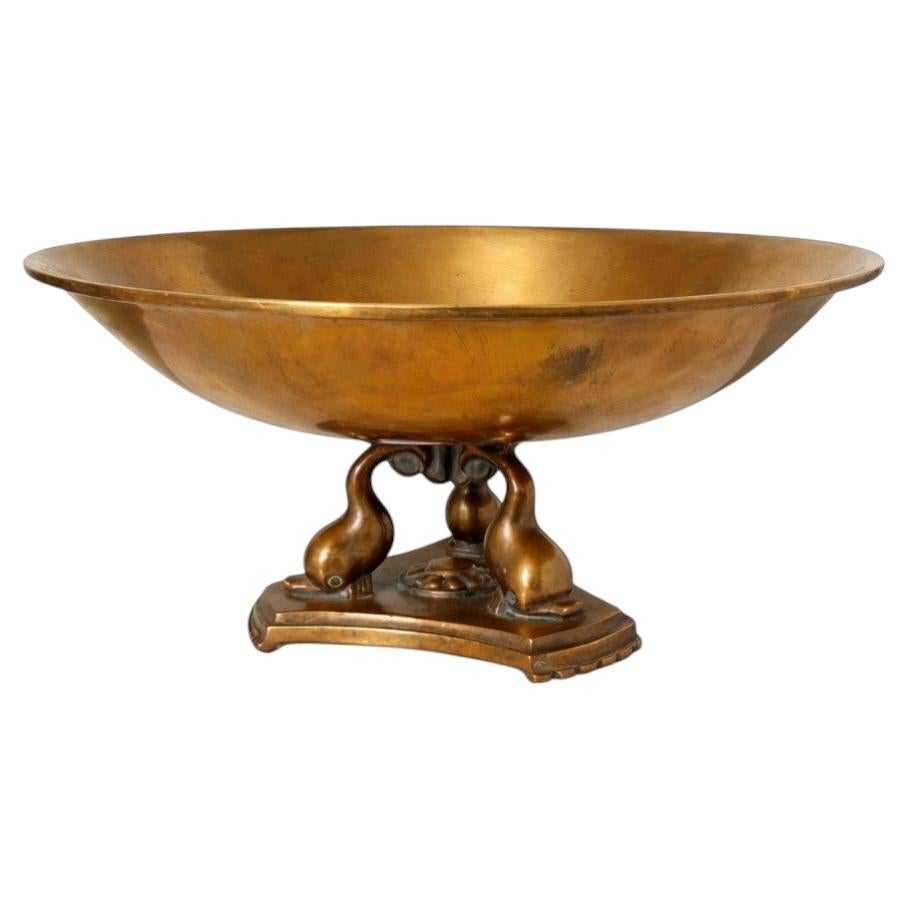 Swedish Art Deco Bronze Centerpiece Bowl with Dolphin Base, 1930's