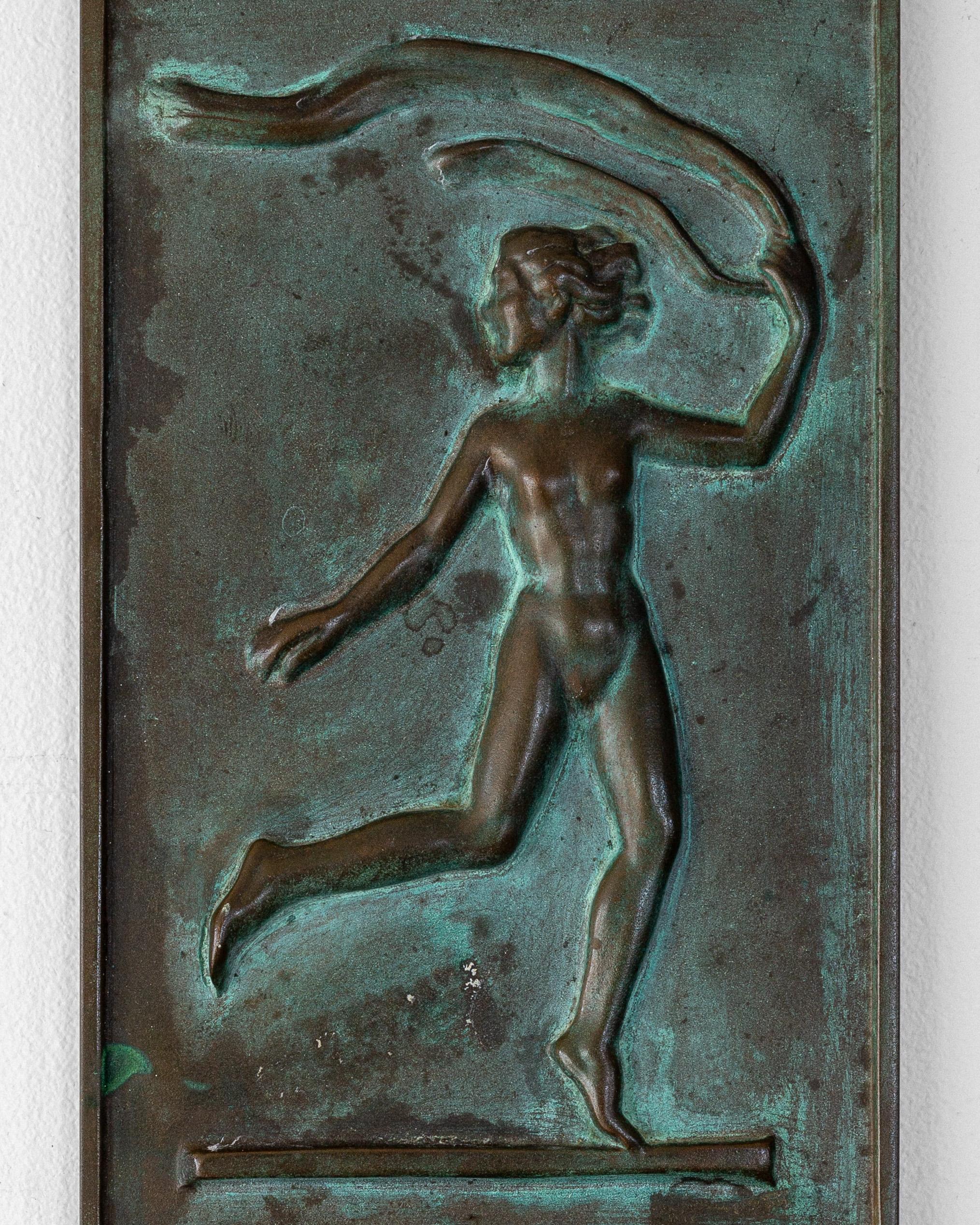 Patinated Swedish Art Deco Bronze Relief Plaque, 1930s Dance Figure Sculpture Wall Art
