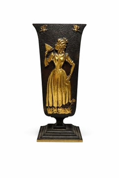 Swedish Art Deco Bronze Vase by Oskar Antonsson for Ystad-Metall, Figural Relief