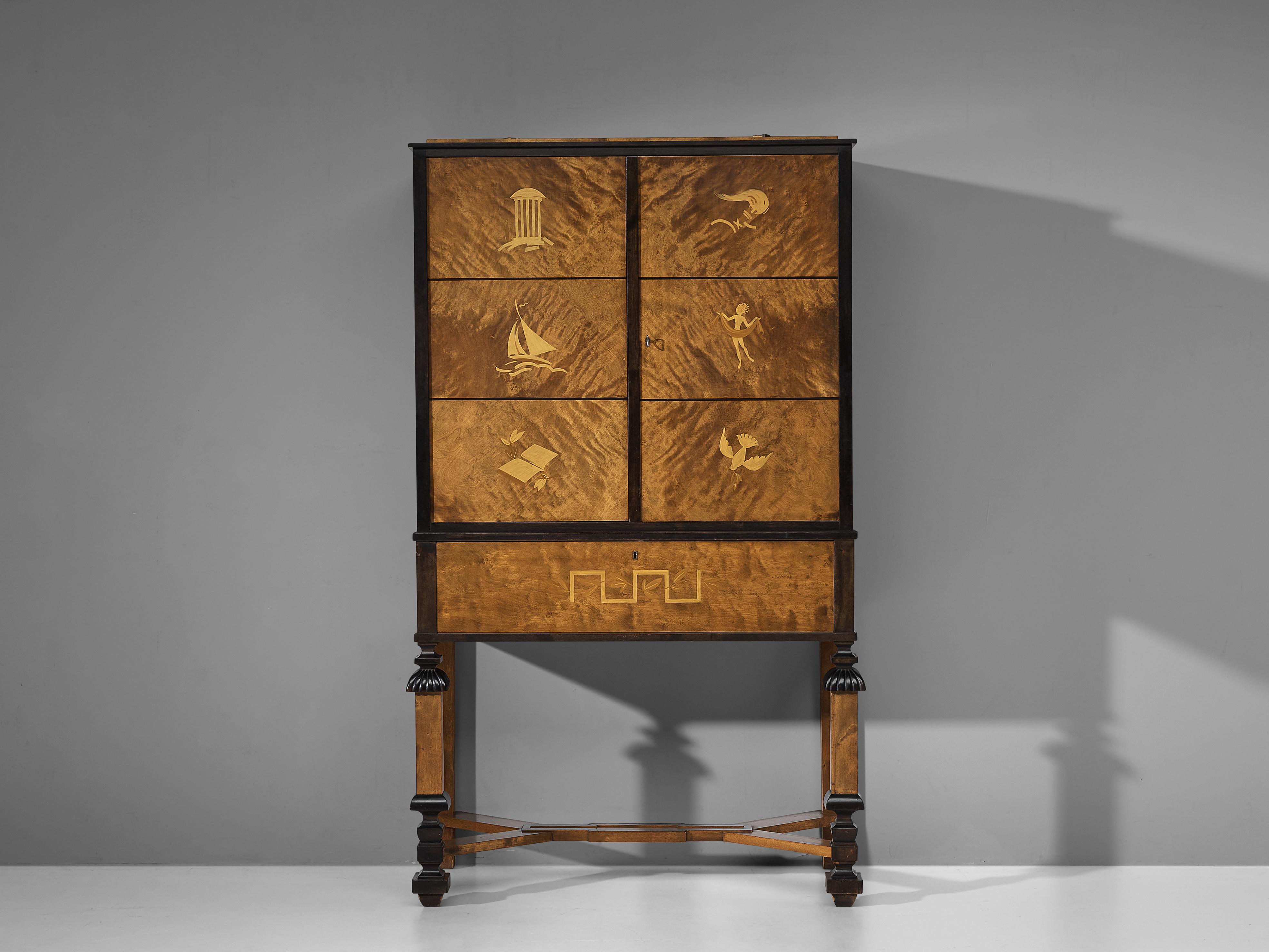 Early 20th Century Swedish Art Deco Cabinet in Birch with Hand-Painted Motives