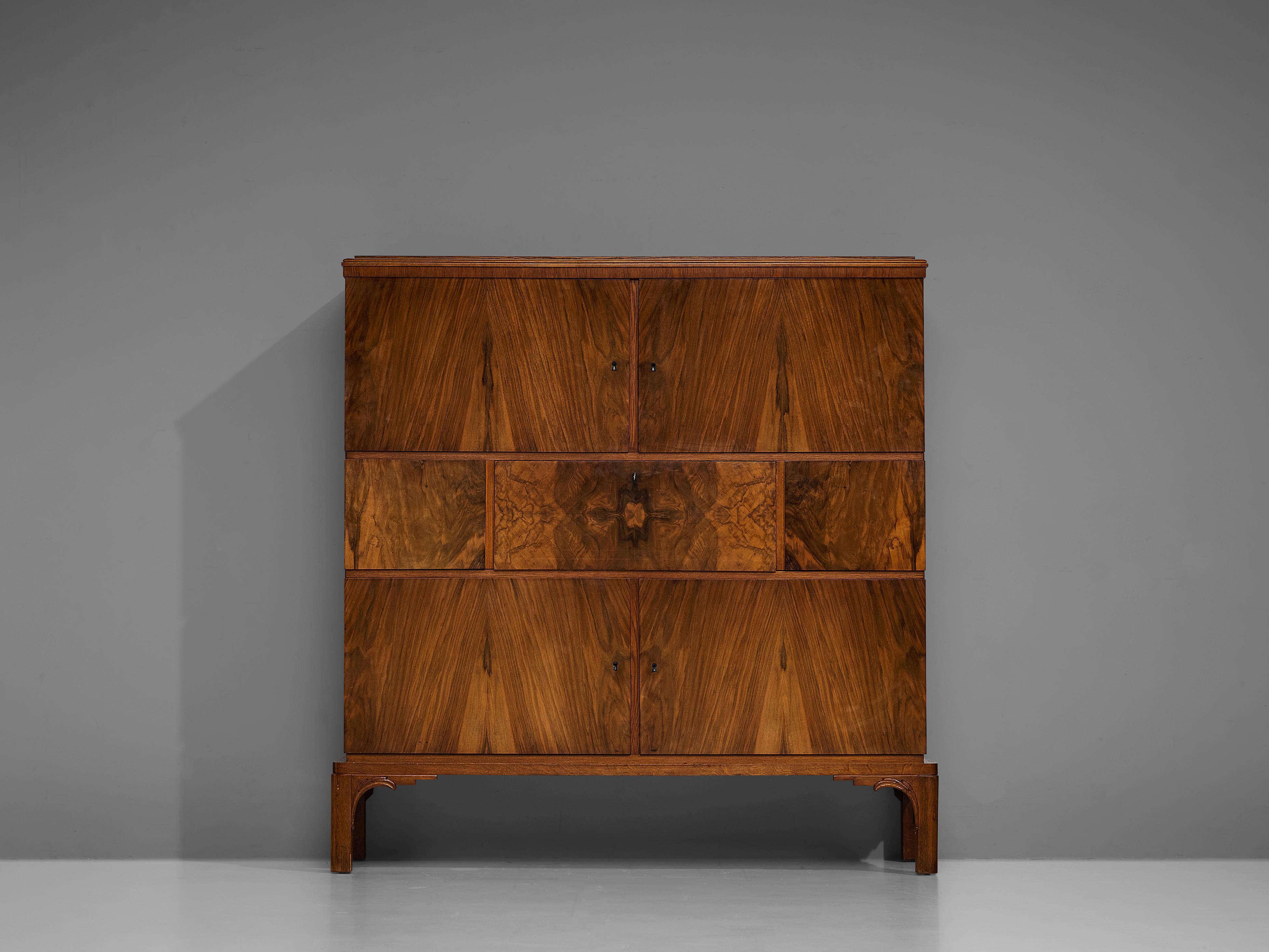 Mid-20th Century Swedish Art Deco Cabinet with Secretaire in Walnut Veneer and Oak