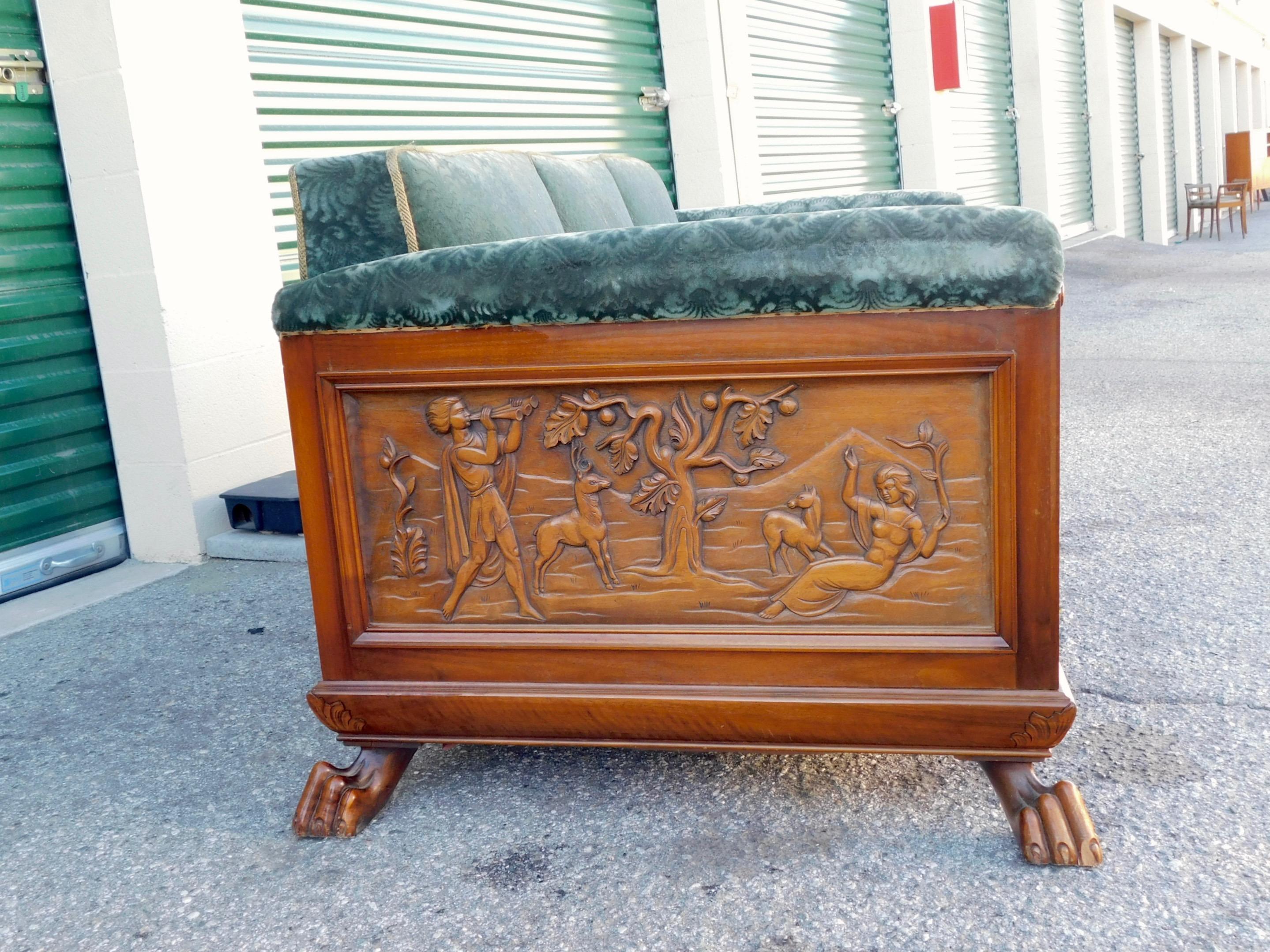 Extremely rare Swedish Art Deco panelled sofa with claw feet (front and back) by renowned Swedish designer, Eugen Höglund. Rendered in stained birch wood. Panels depict scenes from mythology and allegorical figures. All original in original fabric.