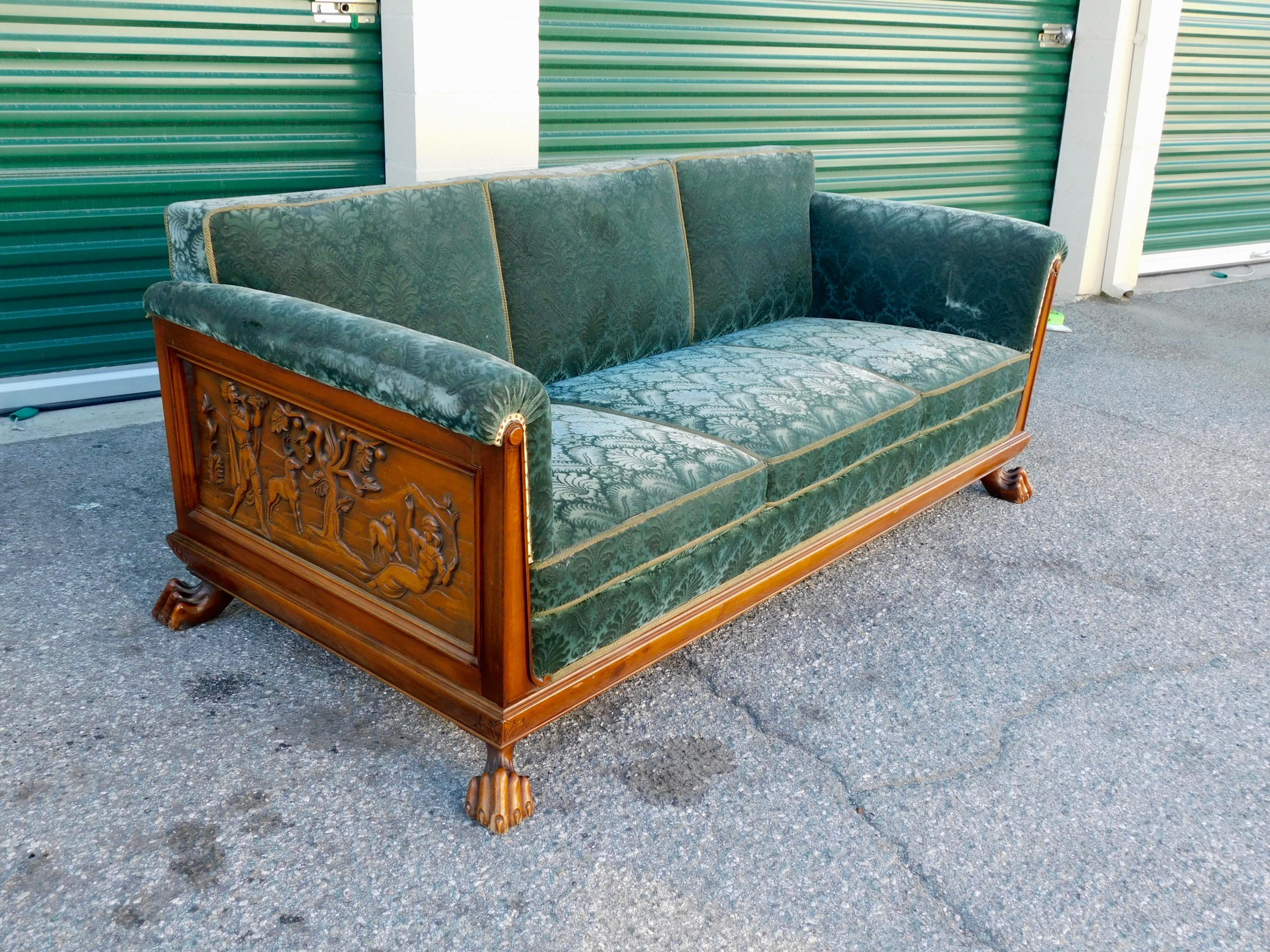 Swedish Art Deco Carved Paneled Sofa with Claw Feet by Eugen Hoglund, 1930s In Good Condition In Richmond, VA