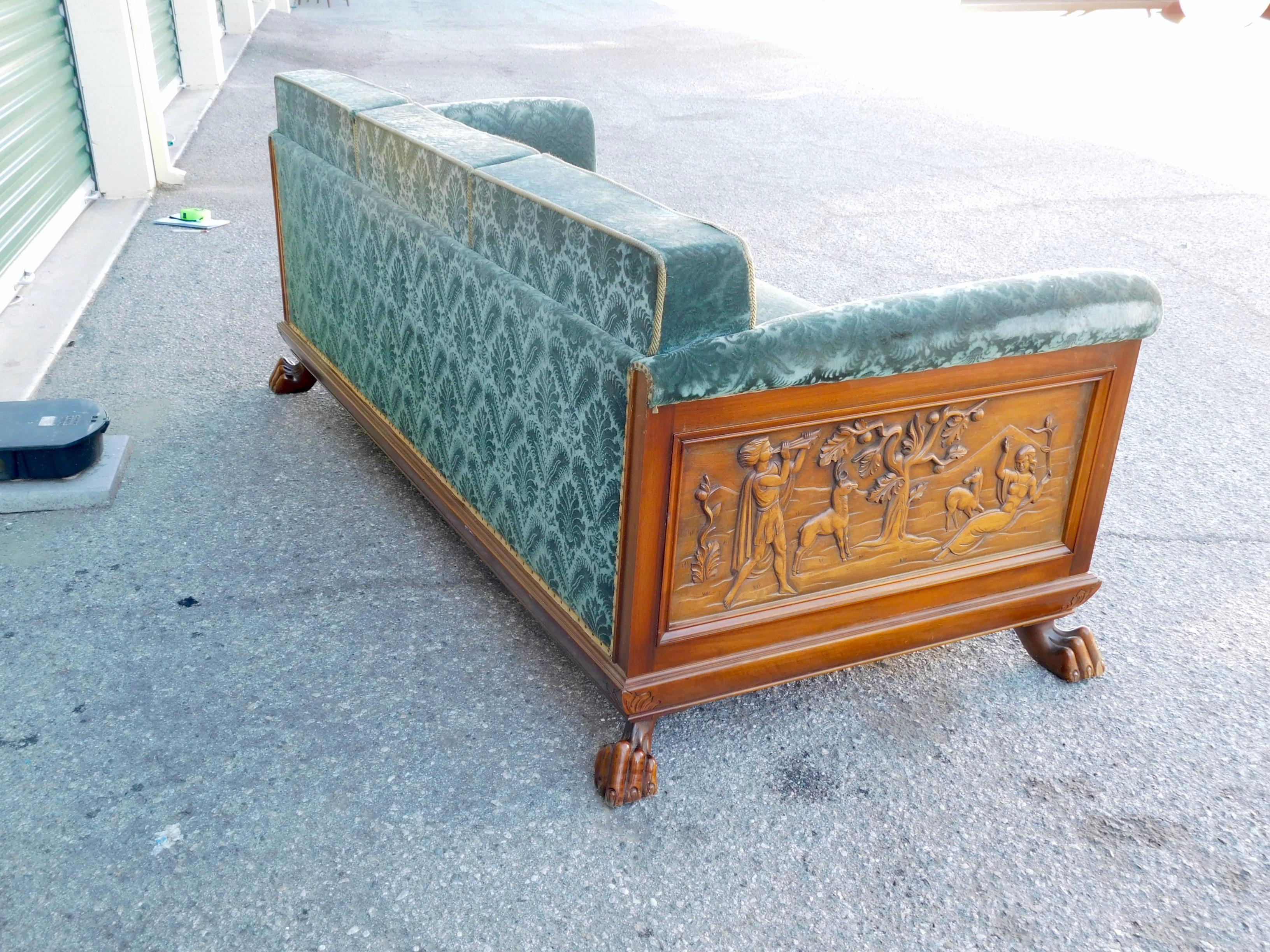 Swedish Art Deco Carved Paneled Sofa with Claw Feet by Eugen Hoglund, 1930s 1