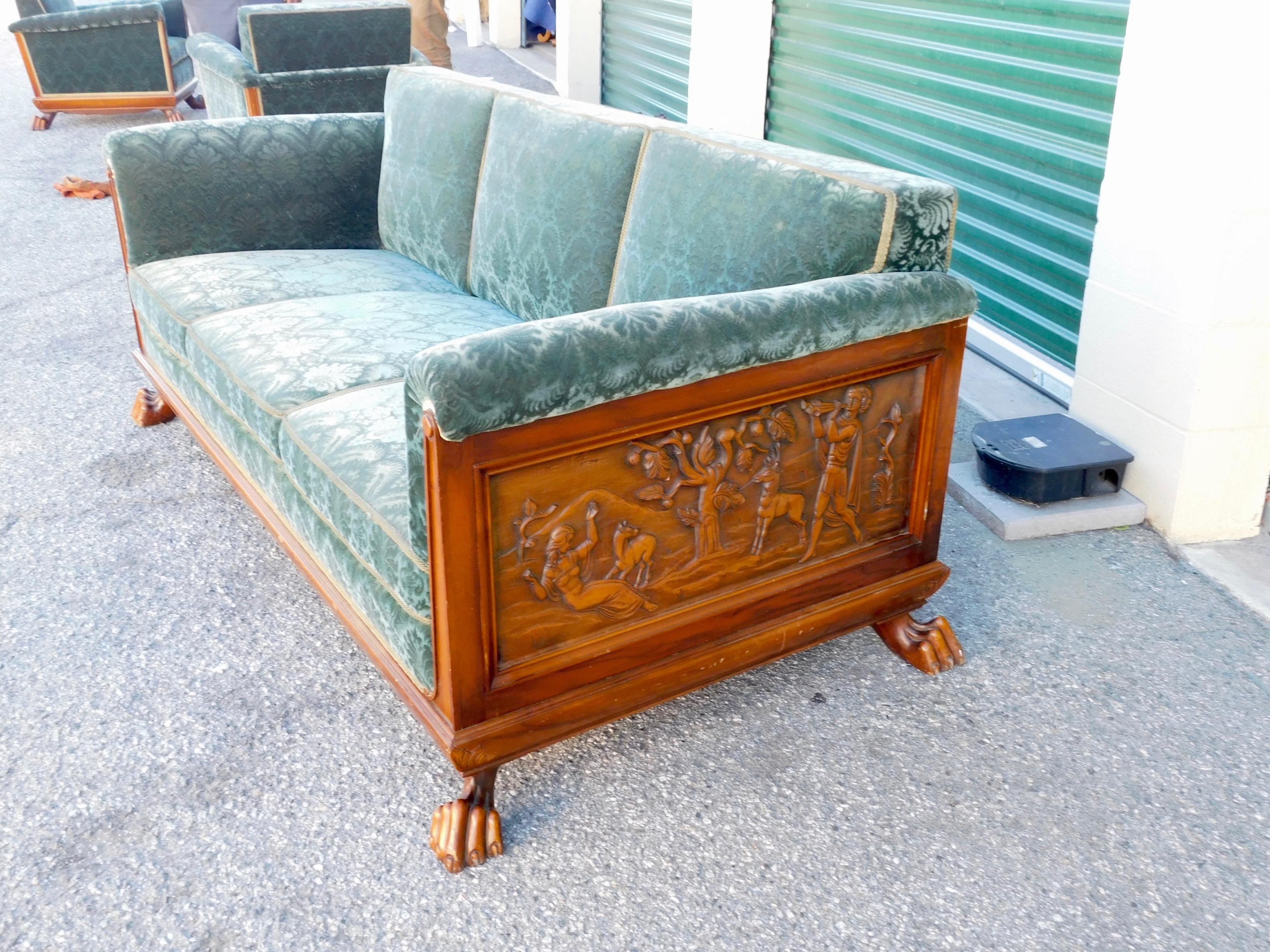 Swedish Art Deco Carved Paneled Sofa with Claw Feet by Eugen Hoglund, 1930s 3