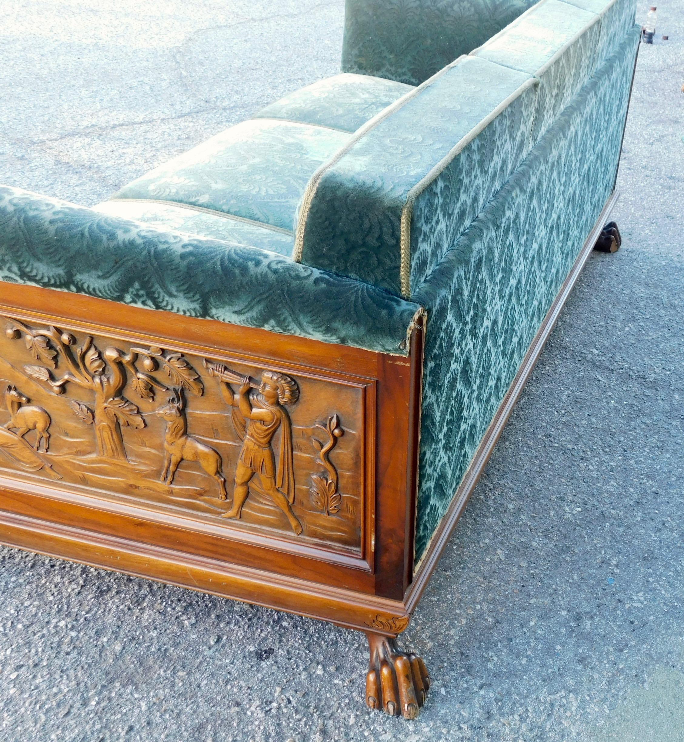 Swedish Art Deco Carved Paneled Sofa with Claw Feet by Eugen Hoglund, 1930s 5
