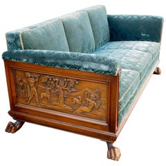 Swedish Art Deco Carved Paneled Sofa with Claw Feet by Eugen Hoglund, 1930s