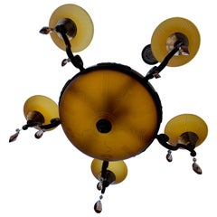 Swedish Art Deco Ceiling Lamp in Amber Colored Glass and Brass