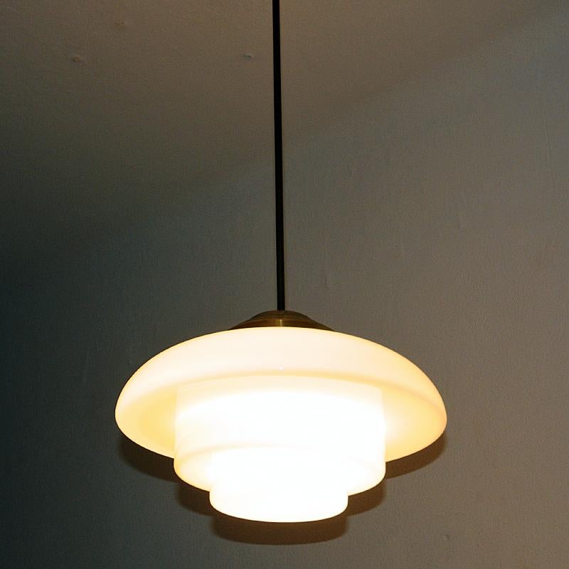 Polished Swedish Art Deco ceiling lamp with opaline glass shade 1930s  For Sale