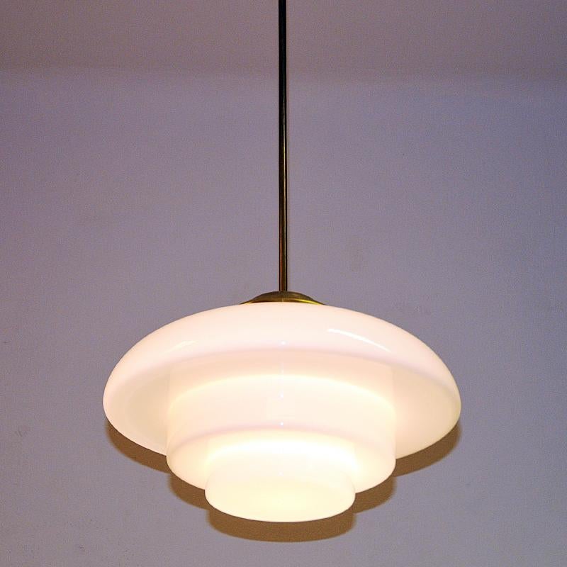 Brass Swedish Art Deco ceiling lamp with opaline glass shade 1930s  For Sale