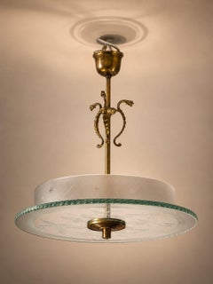 Swedish Art Deco Ceiling Light in Frosted Etched Glass and Brass 1930's