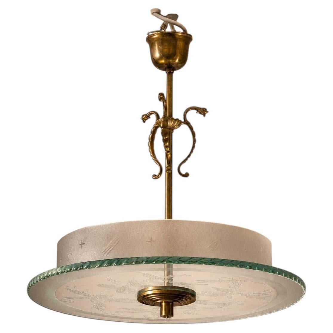 Swedish Art Deco Ceiling Light in Frosted Etched Glass and Brass 1930's