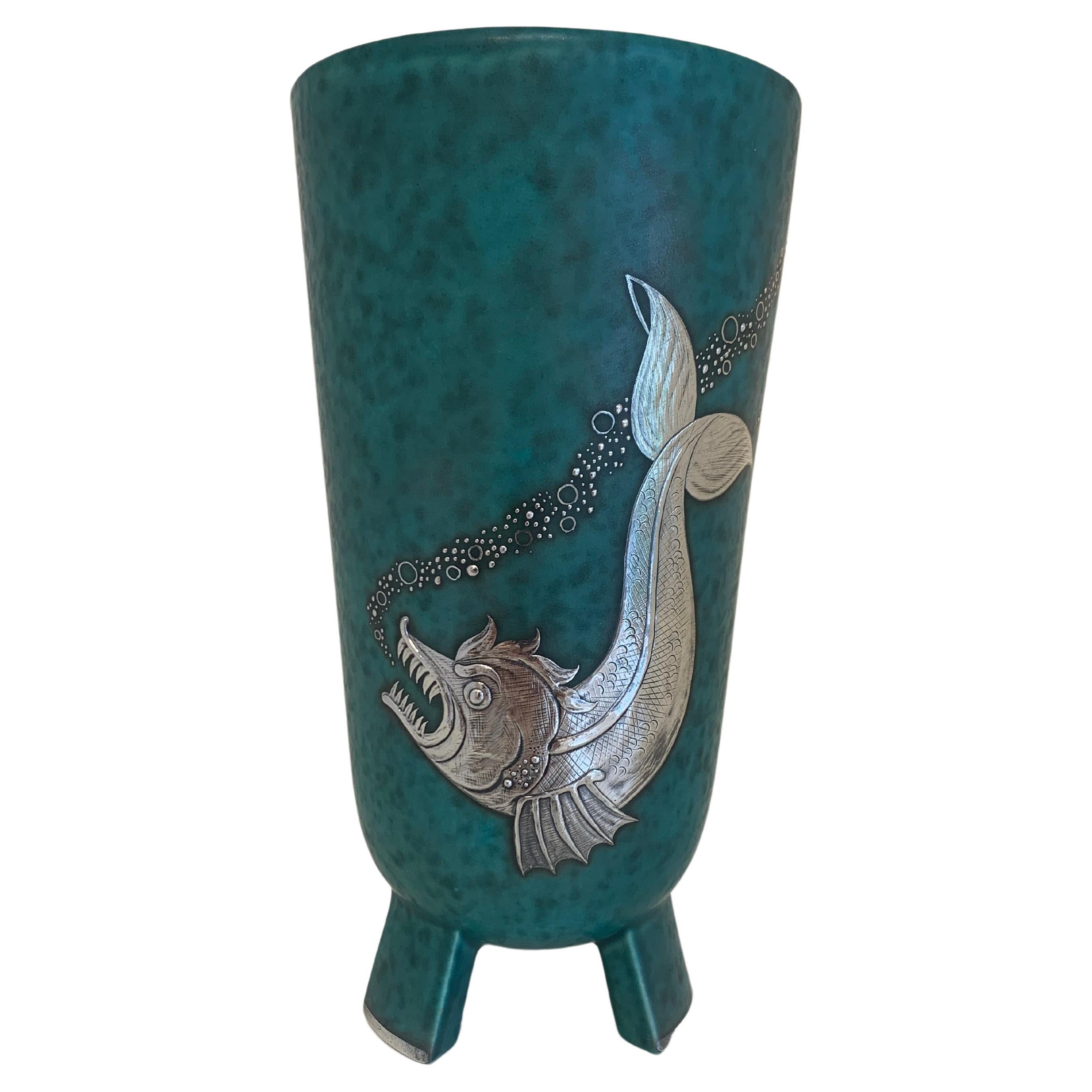 Swedish Art Deco Ceramic Fish Silver and Aquamarine Vase, 1947