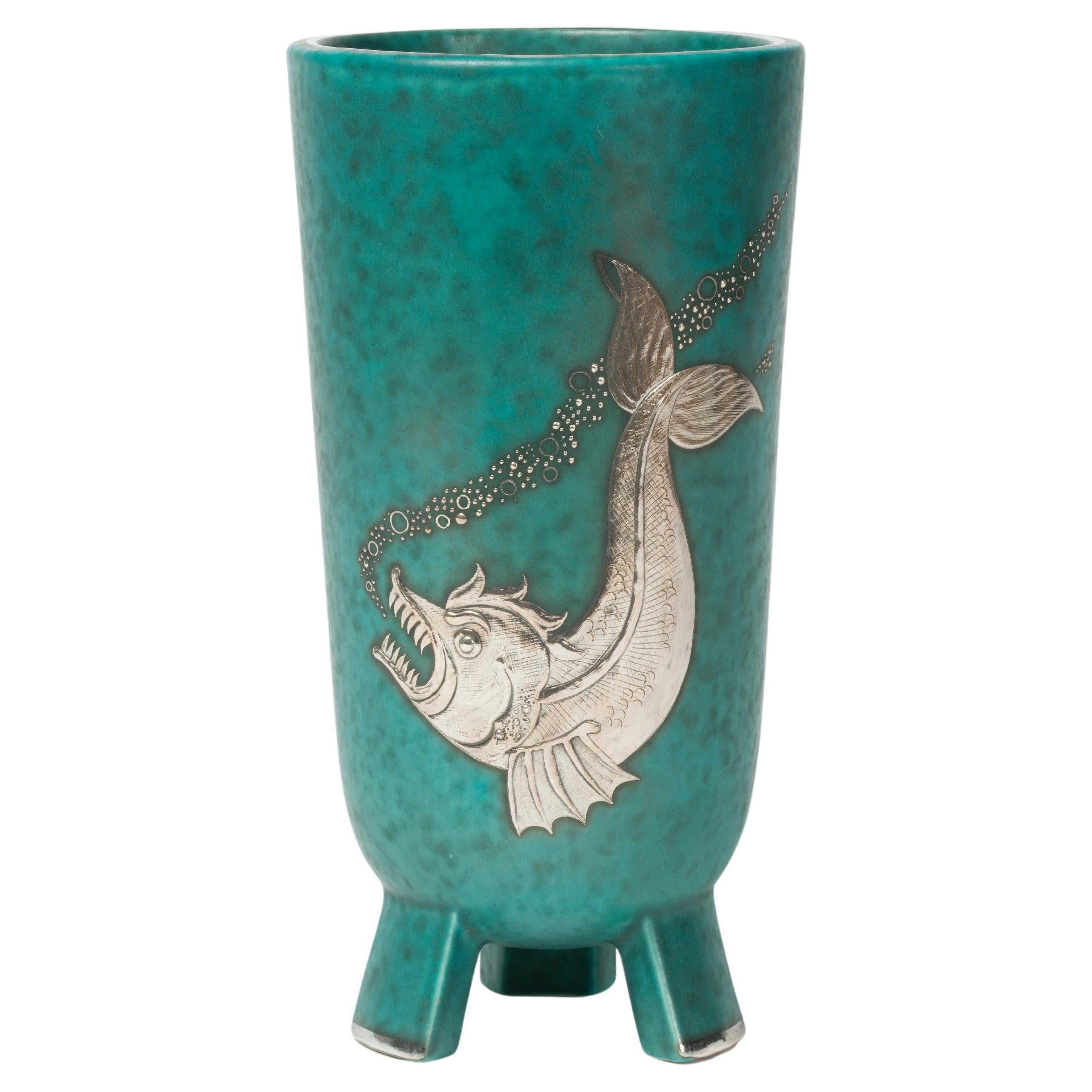 Swedish Art Deco Ceramic Fish Silver and Aquamarine Vase, 1947 For Sale