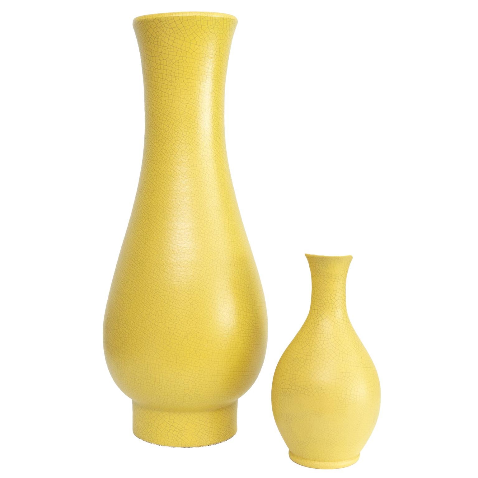 Swedish Art Deco Ceramic Vases in Yellow Crackle Glaze by Artist Ewald Dahlskog