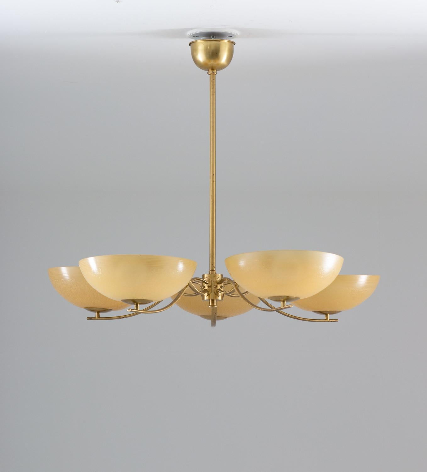 Swedish Art Deco Chandelier in Brass and Glass In Good Condition In Karlstad, SE