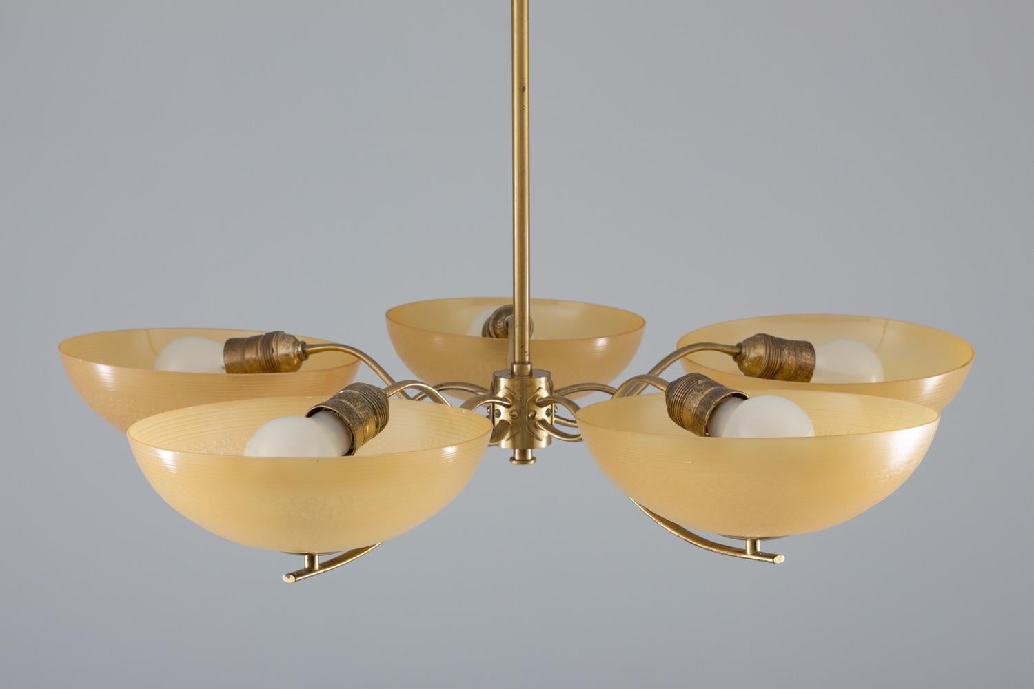 Swedish Art Deco Chandelier in Brass and Glass 1