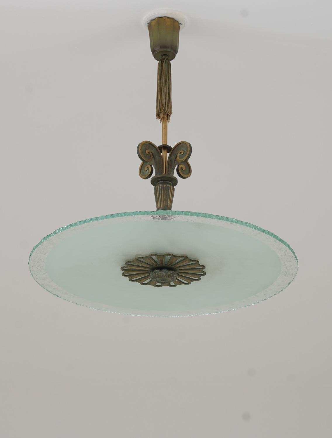 Mid-Century Modern Swedish Art Deco Chandelier in Glass and Patinated Brass For Sale