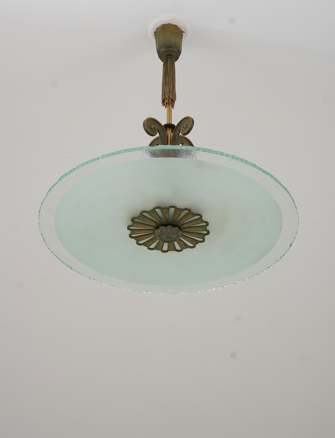 Swedish Art Deco Chandelier in Glass and Patinated Brass In Good Condition For Sale In Karlstad, SE