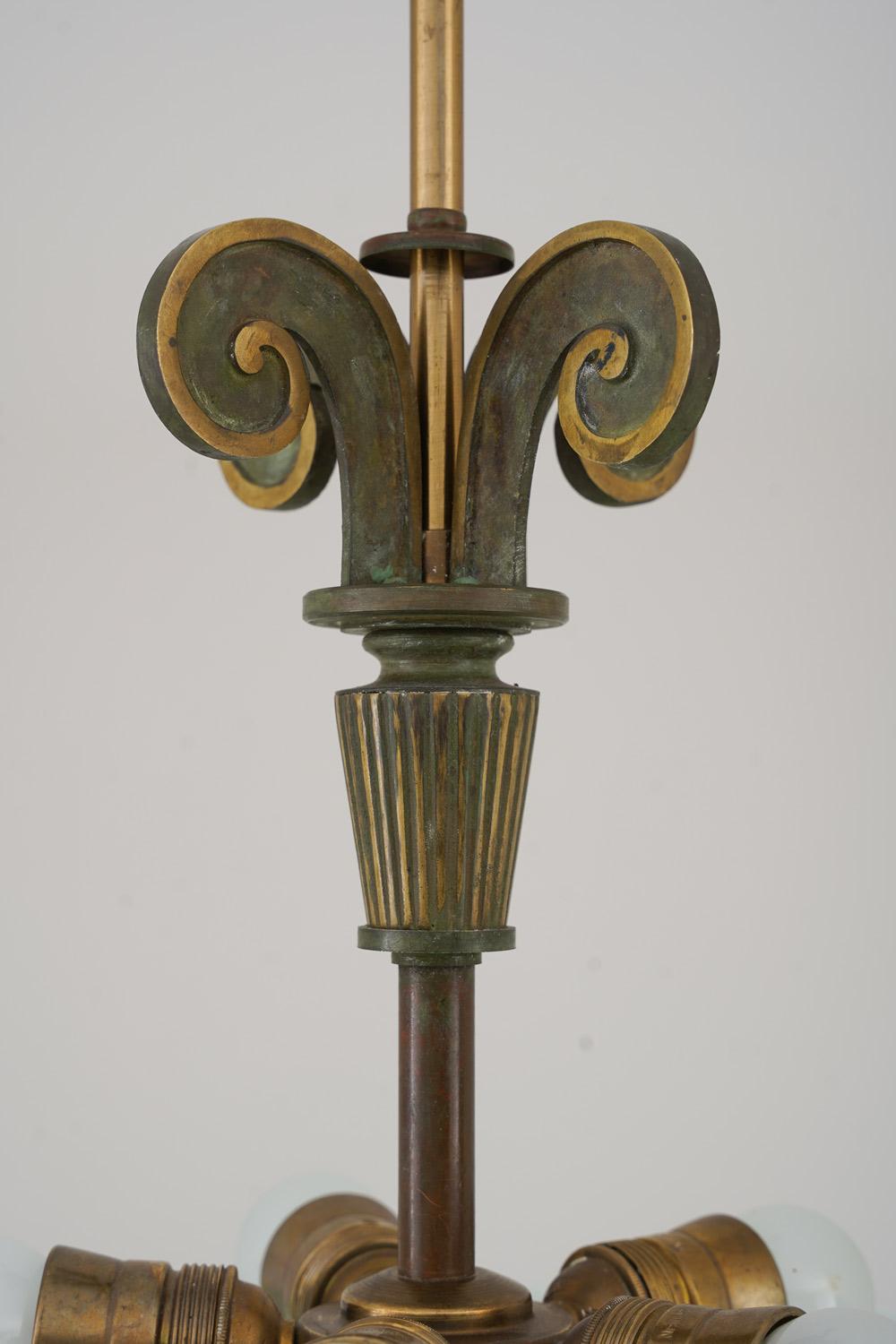 Metal Swedish Art Deco Chandelier in Glass and Patinated Brass For Sale