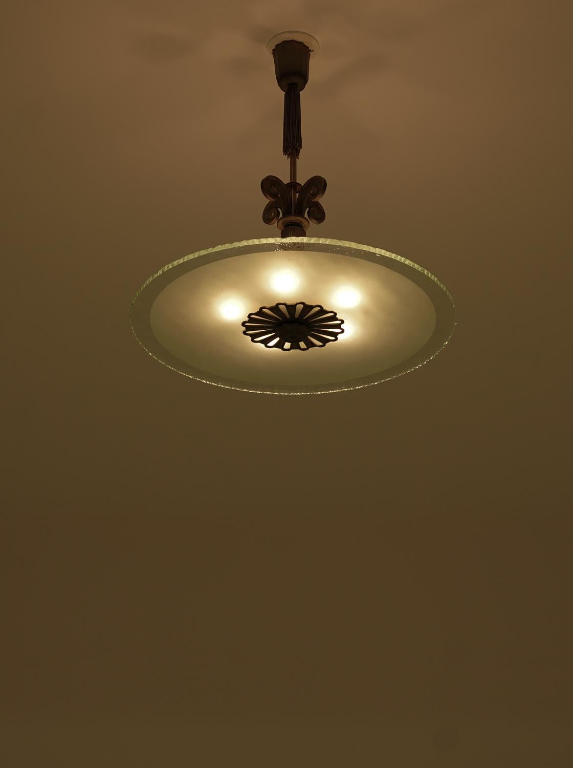 Swedish Art Deco Chandelier in Glass and Patinated Brass For Sale 3
