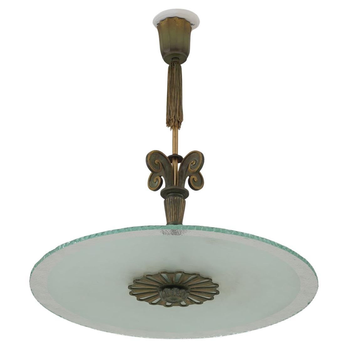 Swedish Art Deco Chandelier in Glass and Patinated Brass For Sale