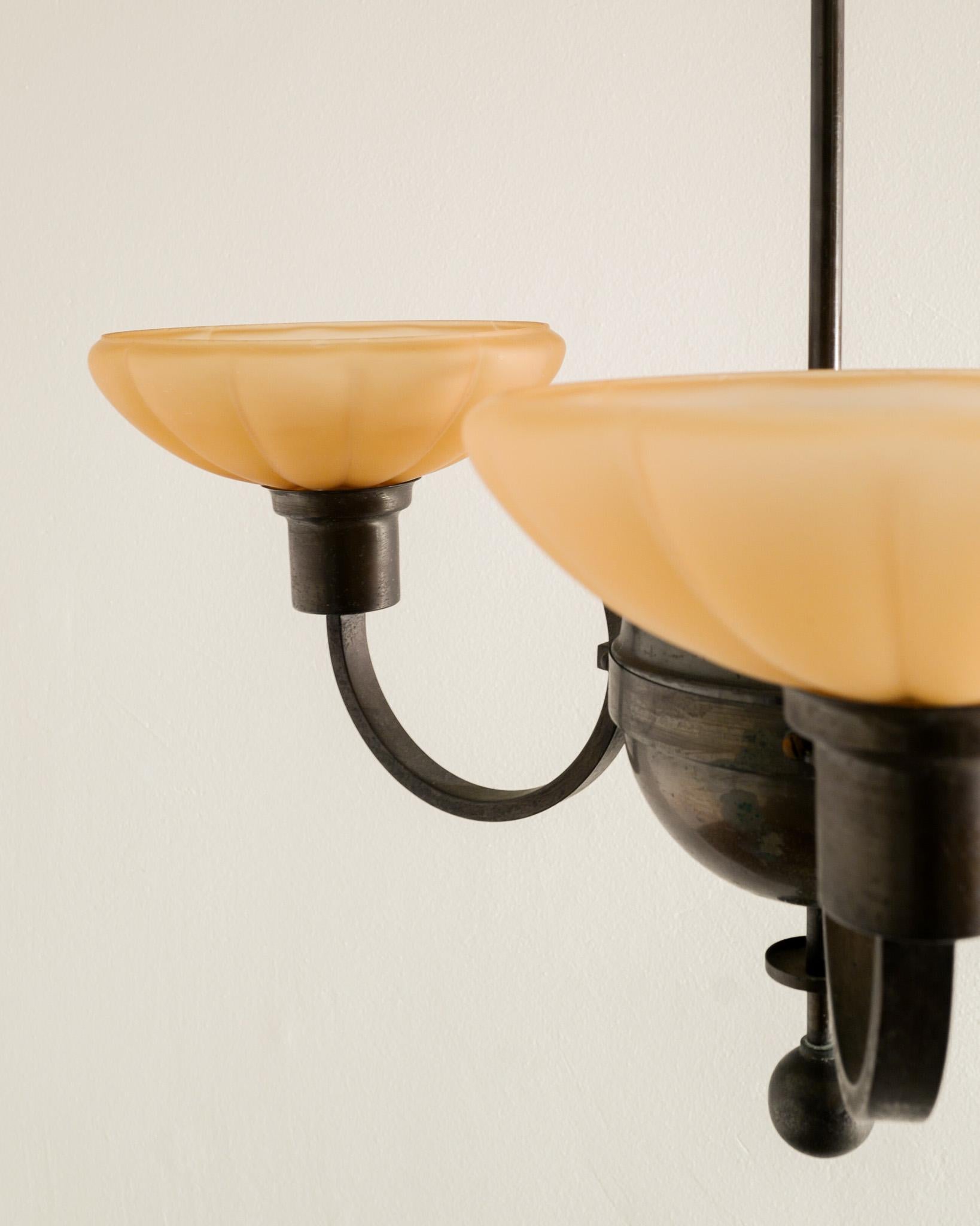 Scandinavian Modern Swedish Art Déco Chandelier Pendant in Patinated Brass and Glass Shades, 1930s 