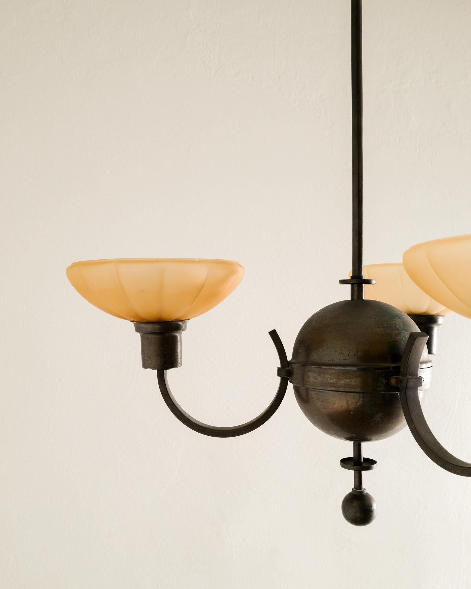Mid-20th Century Swedish Art Déco Chandelier Pendant in Patinated Brass and Glass Shades, 1930s  For Sale