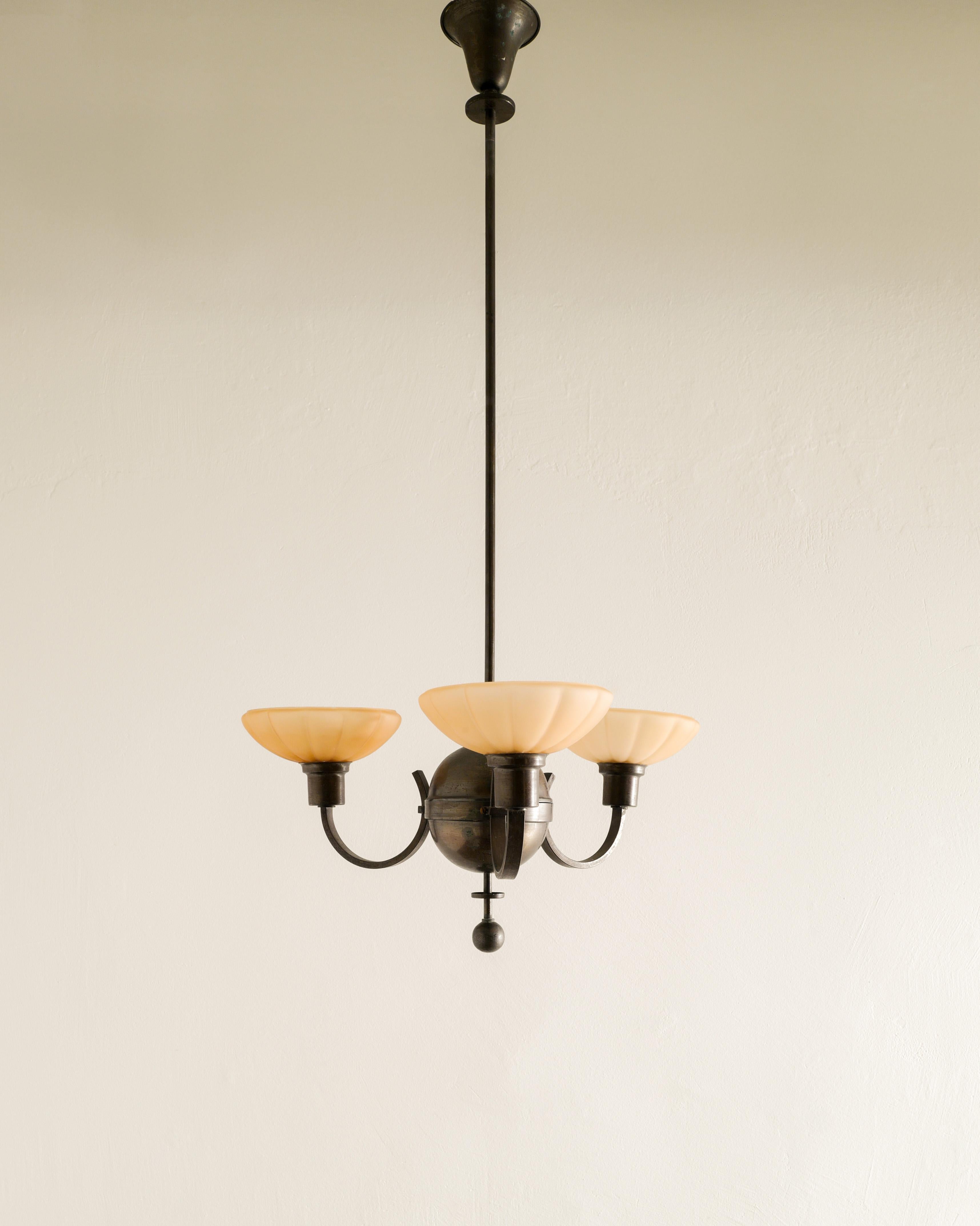 Swedish Art Déco Chandelier Pendant in Patinated Brass and Glass Shades, 1930s  1