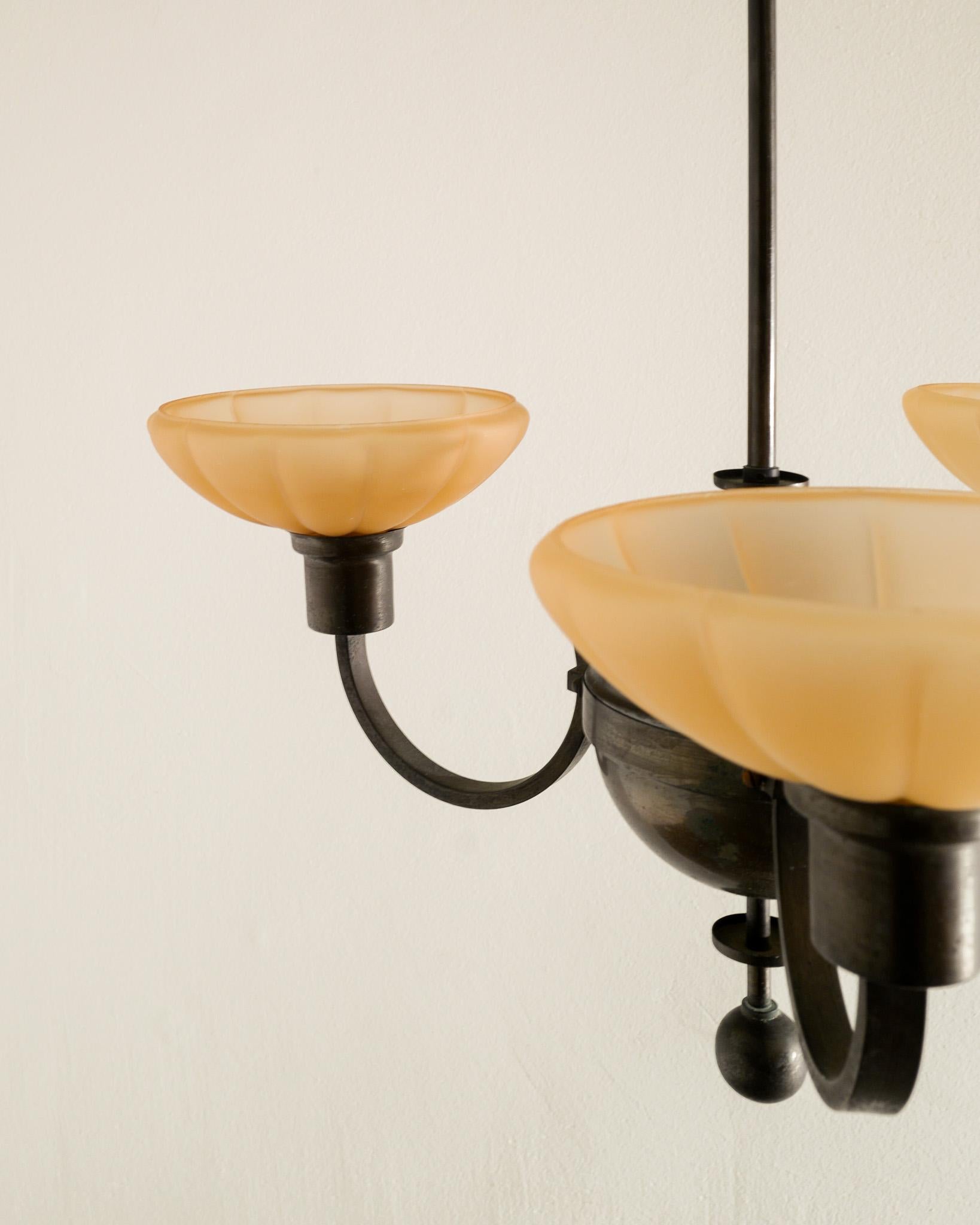 Swedish Art Déco Chandelier Pendant in Patinated Brass and Glass Shades, 1930s  2