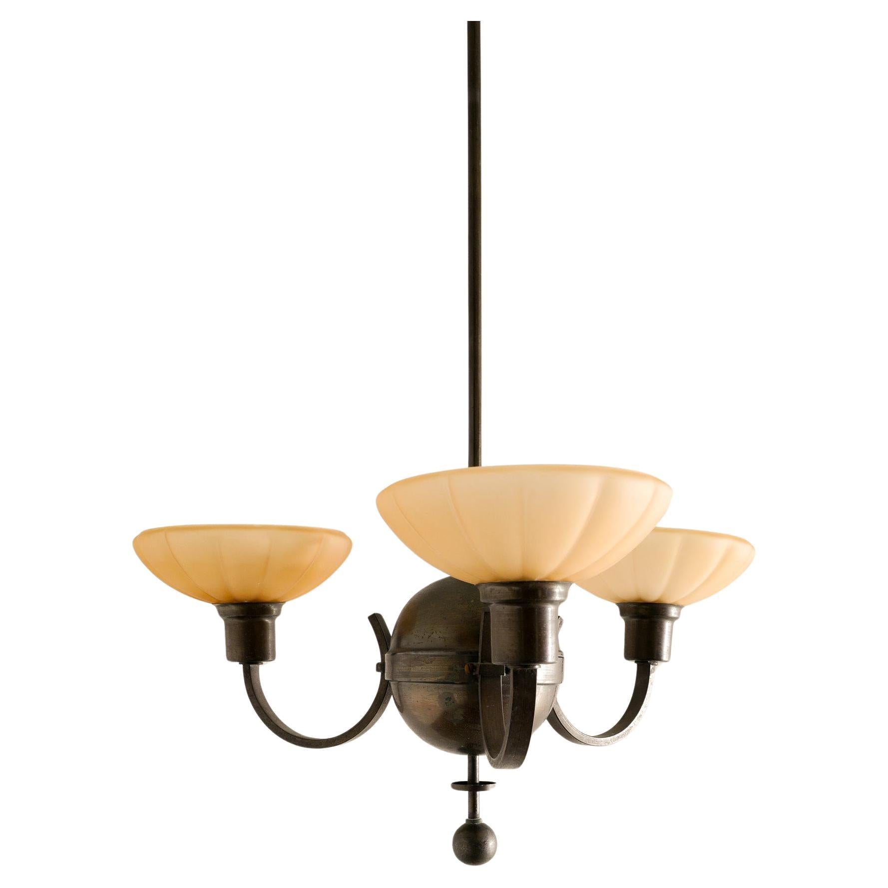 Swedish Art Déco Chandelier Pendant in Patinated Brass and Glass Shades, 1930s  For Sale