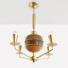 Swedish Art Deco chandelier with polished wood globe and 4 arms