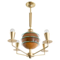 Swedish Art Deco chandelier with polished wood globe and 4 arms