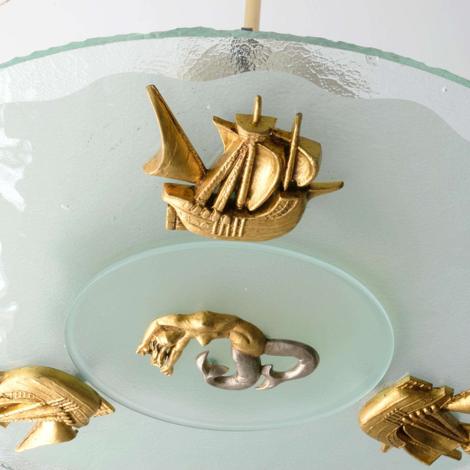 Metà XX secolo Lampadario svedese Art Deco con motivo marino, sirena e 3 navi in vendita