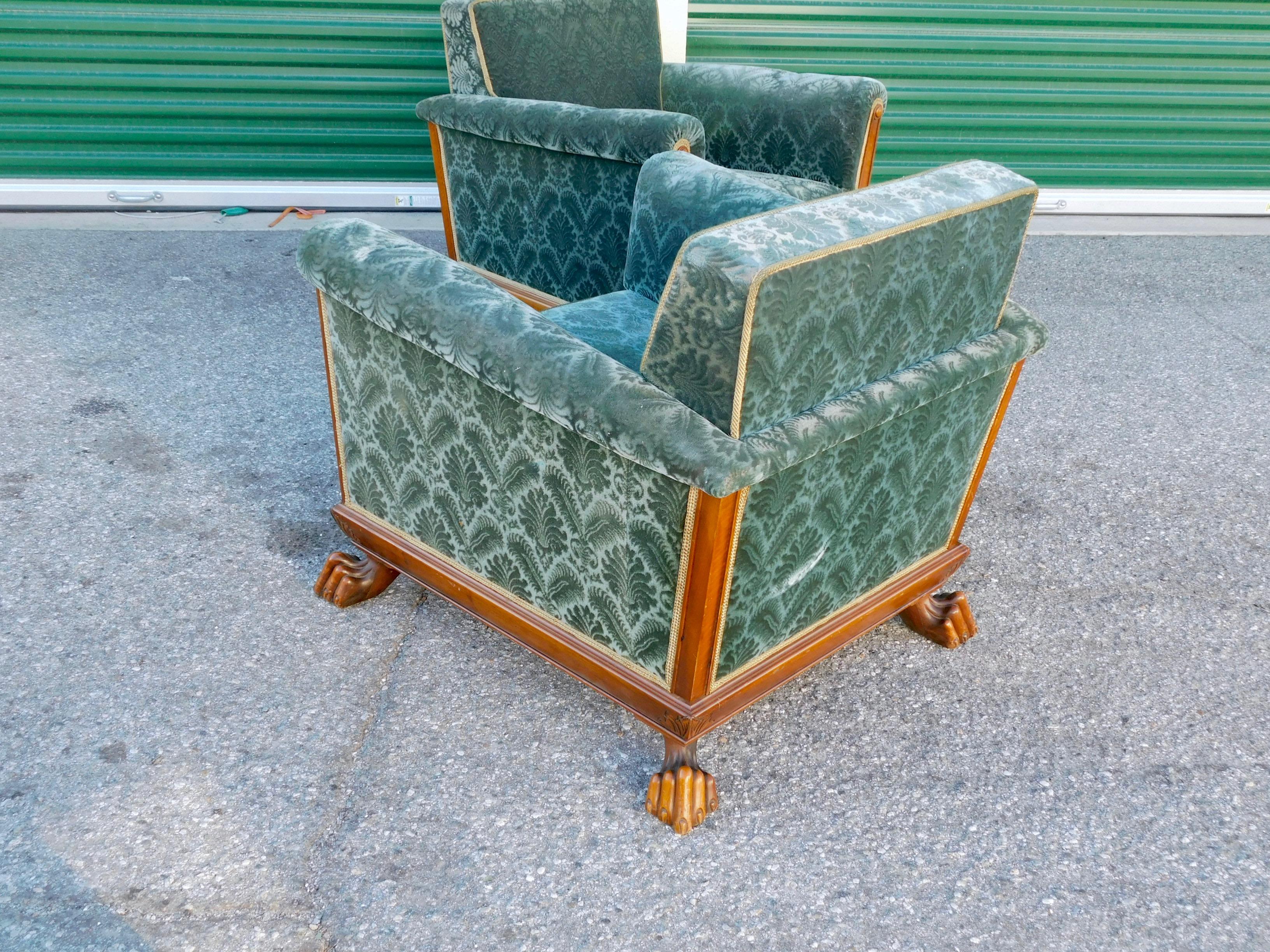 Swedish Art Deco Cubic Club Chairs with Claw Feet by Eugen Höglund, circa 1930 In Good Condition For Sale In Richmond, VA