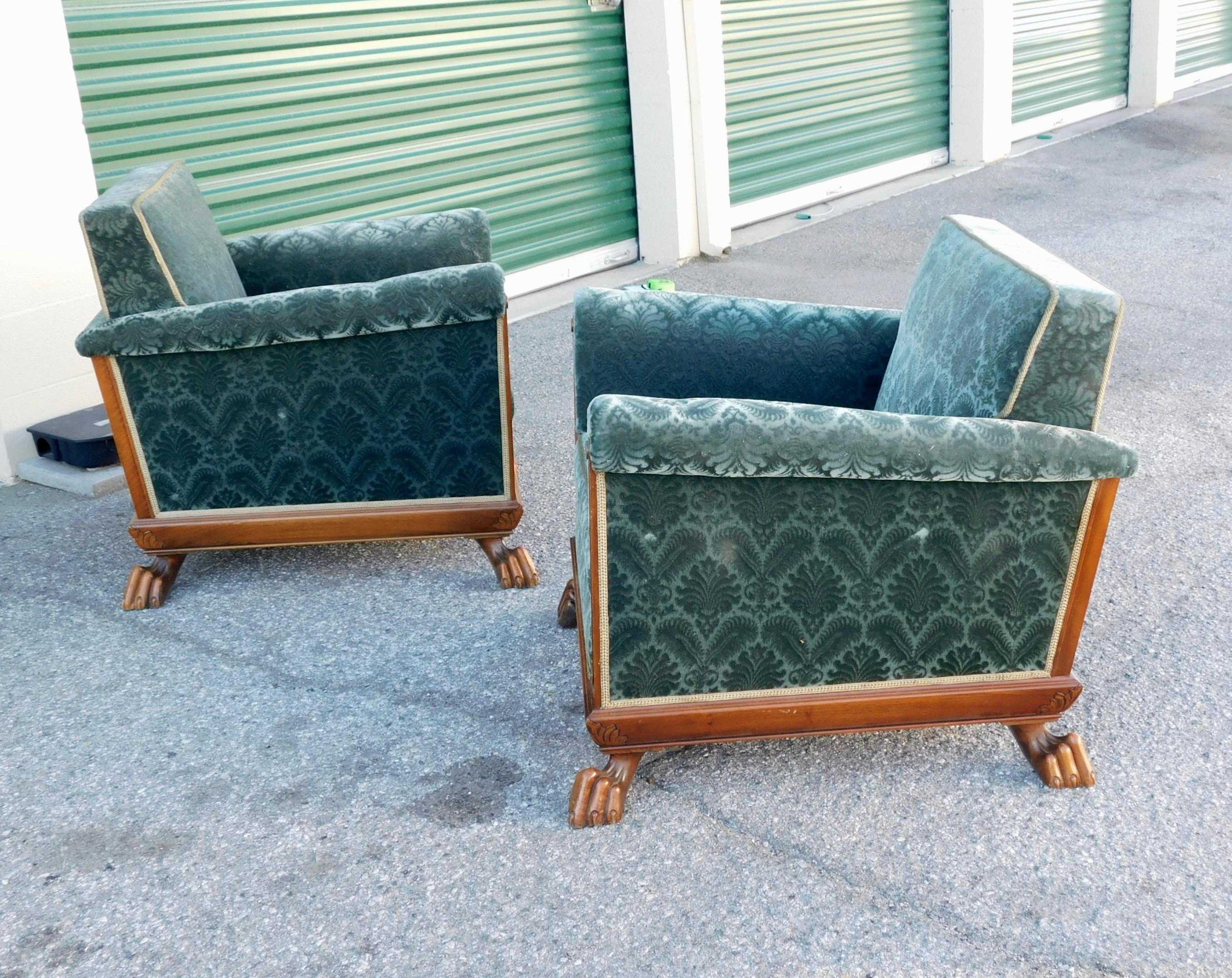 Mid-20th Century Swedish Art Deco Cubic Club Chairs with Claw Feet by Eugen Höglund, circa 1930 For Sale