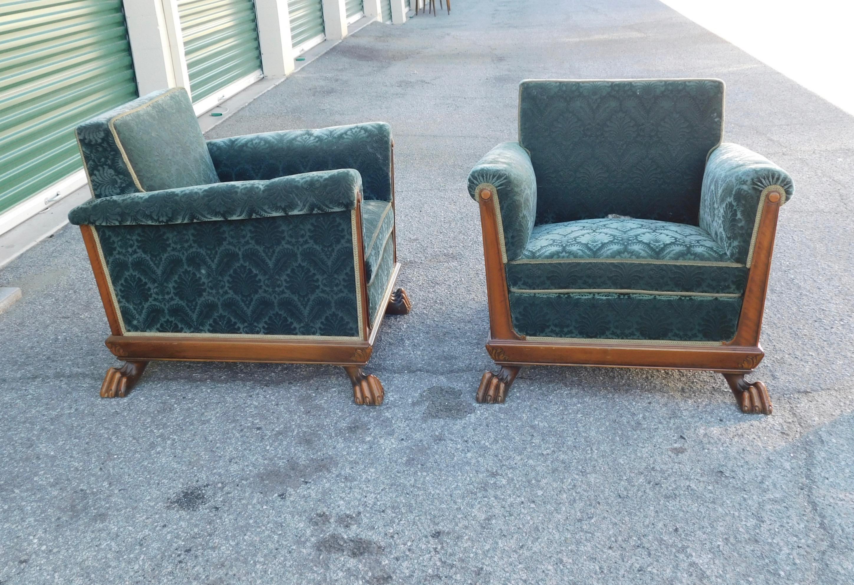 Swedish Art Deco Cubic Club Chairs with Claw Feet by Eugen Höglund, circa 1930 For Sale 1